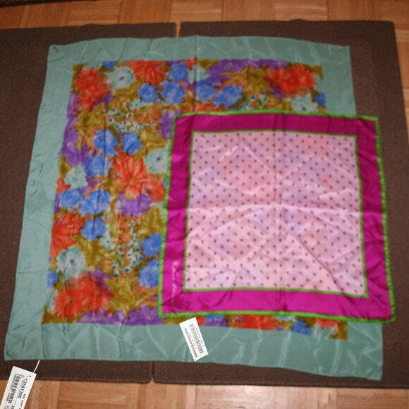 (2) Vtg Anne Klein Mint Green Floral & Pink Abstract Silk Scarf LOT - Picture 5 of 13
